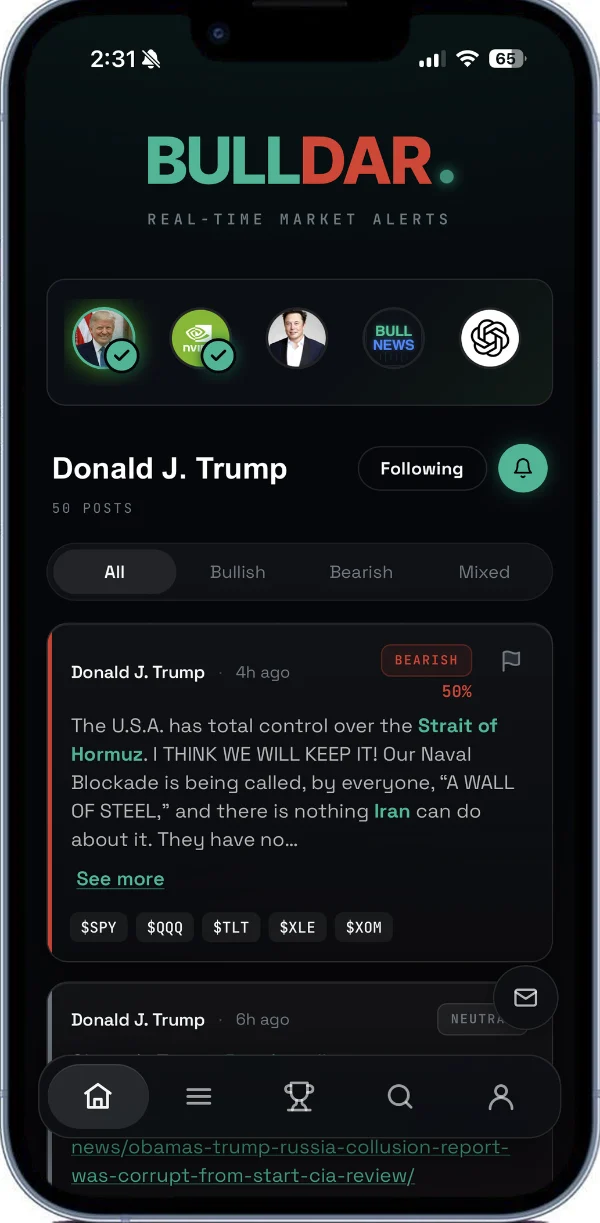 Bulldar home screen: the accounts you follow across the top, with their latest post below.